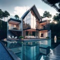 Digital art generative AI. Modern house and swimming pool in luxurious style Royalty Free Stock Photo