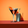 digital art illustration with strong lines of tini cocktail with slice of orange. Orange background Royalty Free Stock Photo