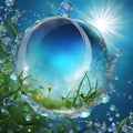 A Spherical Water Droplet with a Blue Sky and Greenery. World is protected by Ozone layer