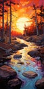 Sublime Wilderness: A Vibrant Illustration Of A Small River And Sunset