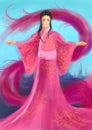 Digital art of a Japanese woman in a pink kimono