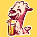 Digital art of a llama cartoon character sipping lemonade from a straw. Vector of an alpaca drinking a beverage from a glass