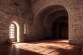 Digital art of a medieval room made of brick stones with light shining through the windows Royalty Free Stock Photo
