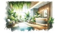 Digital art of Modern wellness clinic reception with green plants. Natural light-filled spa lobby with calming Royalty Free Stock Photo