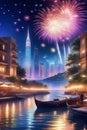 A digital art of new year celebration, with beautiful fireworks, city view, sea, boat, reflection water, night scene, fantasy