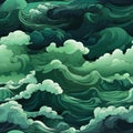 Digital art of ocean waves and swirling patterns in a green cloud (tiled) Royalty Free Stock Photo