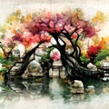 Digital art of oriental autumn garden with beautiful colorful trees and a pond