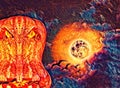 Digital art picture of full moon in night dramatic clouds with horror flaming face of halloween pumpkin