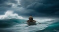 digital art pictures A man is rowing a boat alone towards the stormy ocean.