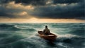 digital art pictures A man is rowing a boat alone towards the stormy ocean. Royalty Free Stock Photo