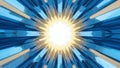 Bright white-yellow sunburst radiating through angular blue geometric stripes, energy concept. Royalty Free Stock Photo