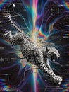Futuristic Neon Glitch Leopard Jumping Through Digital Spectrum Burst, Cyber Wild Animal Power, Dynamic Motion, Abstract Royalty Free Stock Photo