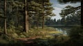 Eerily Realistic Forest Image Primitivist Hunting Scene With Detailed Trees And Water