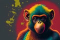 digital art portrait of a colorful monkey isolated in a dark background, animal illustration