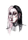 Digital art portrait of a girl with split of pink and black hair. Extravagant woman. Bright modern illustration, young
