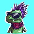 Digital art of a punk metalhead lizard wearing a pink scarf and sunglasses. Vector of a green reptile