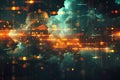 A digital art rendering of cloud computing with glowing elements representing data processing, artificial intelligence Royalty Free Stock Photo