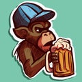 Digital art of a serious monkey with a hat drinking a mug of beer. Cartoon ape relaxing