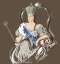 Digital art sketch portrait of Catherine II the Great Empress of Russia. Romanov Royal family and Russian history theme. Throne