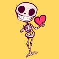 Digital art of a smiling skeleton cartoon holding a heart. Mascot character with bones and a skull