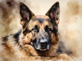 Digital art, in the style of a watercolor painting showing the portrait of a German Shepherd dog or Alsatian .
