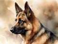 Digital art, in the style of a watercolor painting showing the portrait of a German Shepherd dog or Alsatian .