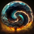Digital art of a swirling blue and orange vortex tornado of clouds water and fire Royalty Free Stock Photo