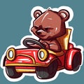 Digital art of a teddy bear driving a small red toy car. Vector of a stuffed animal working as a driver inside an automobile