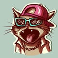 Digital art of a thug cat screaming and wearing a hat, shirt and sunglasses. Vector of a kitty yelling