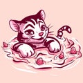 Digital art of a tiger swimming in a pool with milk and strawberries. Vector of a wild feline floating in water