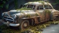 Digital art of a rusted, vintage car parked in the middle of an overgrown path