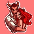 Digital art of two demons hugging and holding each other. Vector of a demon couple with horns, valentine\'s day concept