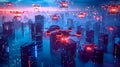 Futuristic cityscape with autonomous drones at twilight