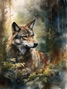 Digital Art, watercolor painting showing the portrait of a wolf in a forest. Royalty Free Stock Photo