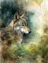 Digital Art, watercolor painting showing the portrait of a wolf in a forest. Royalty Free Stock Photo