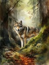 Digital Art, watercolor painting of a wolf in a forest. Royalty Free Stock Photo