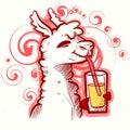 Digital art of a white llama drinking lemonade with a straw. Vector of an alpaca holding a carbonated beverage.