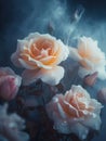 digital art of white roses made of colorful fog ice, clear rose shapes, exquisite roses, ice and snow scenes, AI Generative Royalty Free Stock Photo