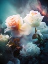 digital art of white roses made of colorful fog ice, clear rose shapes, exquisite roses, ice and snow scenes, AI Generative Royalty Free Stock Photo