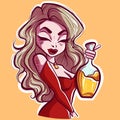 Digital art of a witchy woman in a red dress holding a flask with a gold liquid. Royalty Free Stock Photo