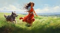 Digital Art: Wolf And Girl Walking Down Grass Slope