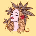 Digital art of a woman avatar with marijuana leaves and flowers around her blonde hair. Vector of a young girl head