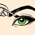 Digital art of a woman\'s eye and an eyeliner drawing a line. Vector conceptual art of a painting or drawing