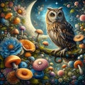 A digital art work of beautiful owl, perched on a branch in a magical woodland, with moonlit, wildflower, mushrooms, fantasy