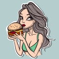 Digital art of a young woman with gray hair and a green suimsuit eating a burger