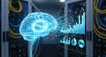 digital artificial intelligence brain hologram connected to financial charts graphs data analytics machine learning technology Royalty Free Stock Photo
