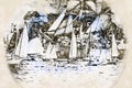 Digital artistic Sketch of Sailing Ships