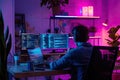 Digital Artistry: IT Developer Engaged in Firmware Crafting in Neon-Lit Home Office