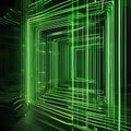 Digital artwork with abstract green neon lines, pulsating and creating a visually striking 3D render against a dark black backgr