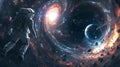 Astronaut drifting in cosmic space among stars and galaxies. surreal sci-fi scene with explorer. digital art wallpaper